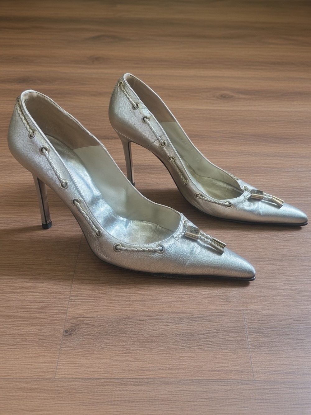 Versace Champagne Gold Pointed Toe Stiletto Pumps